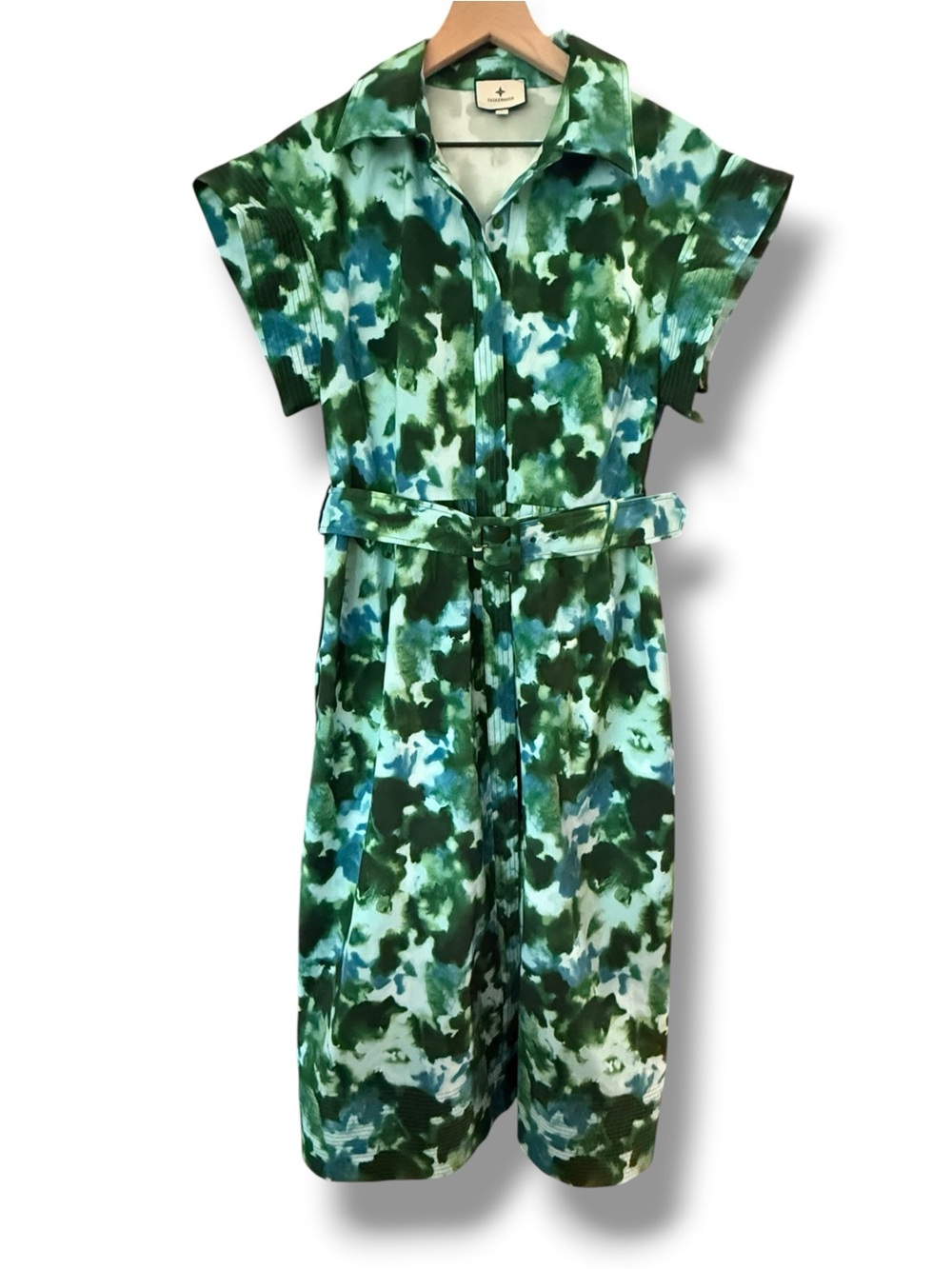 Tuckernuck Chloe Dress Deep Lagoon‎ Belted Midi Short Sleeve Blue Green Preppy L - Picture 8 of 13